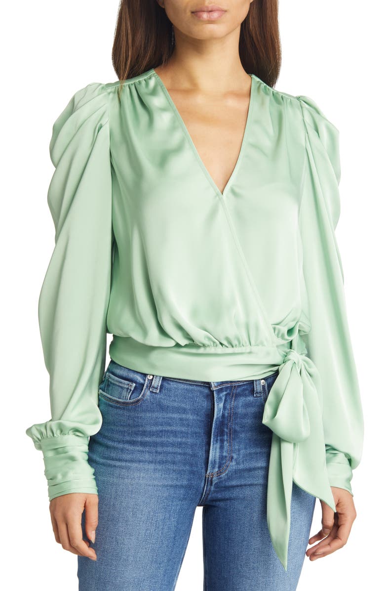Ramy Brook Pauline Satin Wrap Front Blouse, Main, color, Pistachio