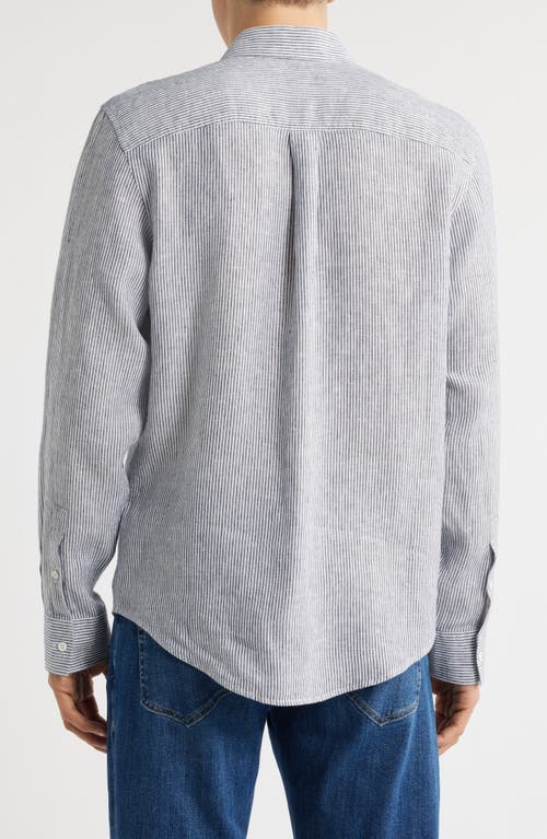 Nordstrom Stripe Long Sleeve Linen Woven Button-up Shirt In White- Navy Single Stripe