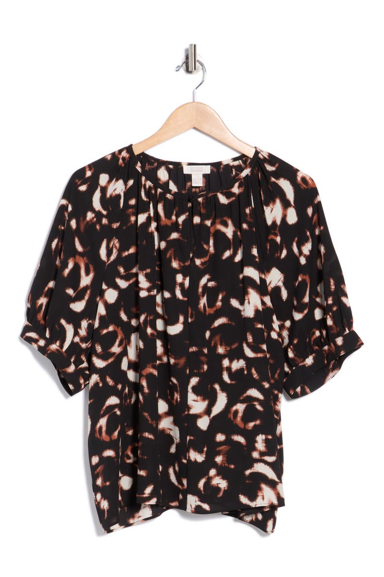 Gathered Neck Puff Sleeve Top, Alternate, color, BLACK IVORY FLORAL CAMO