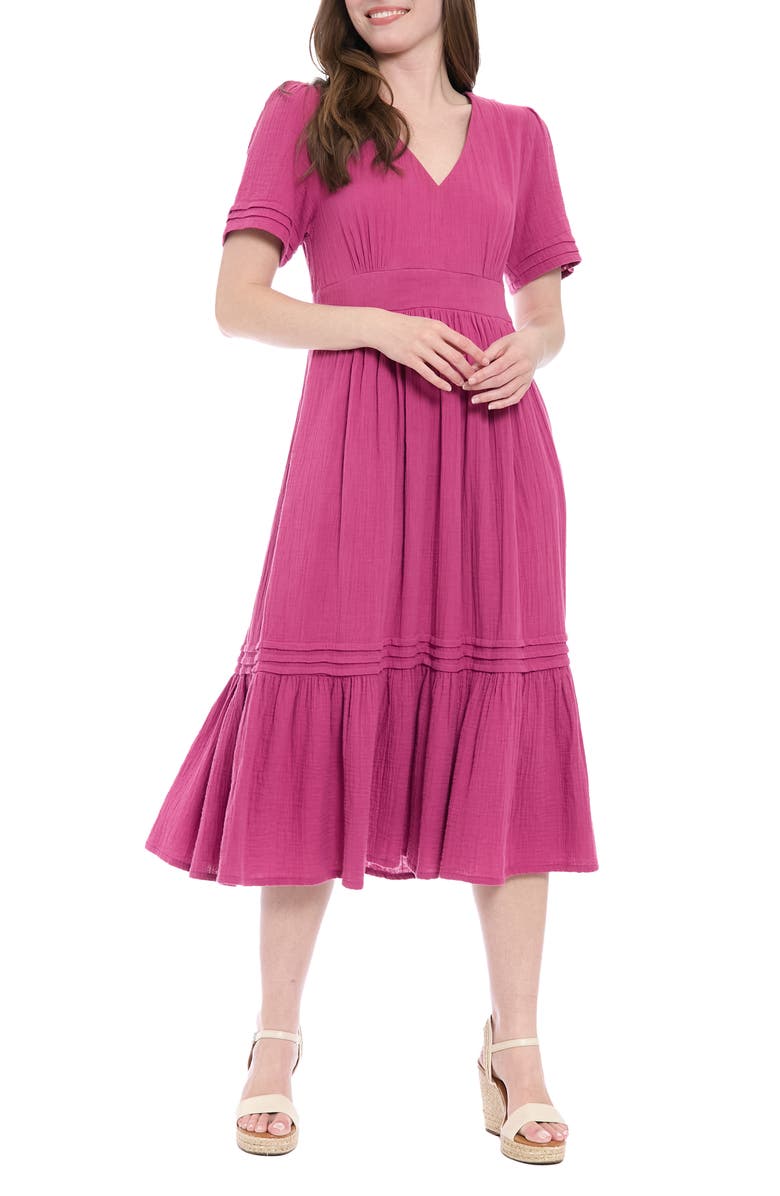 London Times V-Neck Short Sleeve Midi Dress, Main, color, Deep Orchid