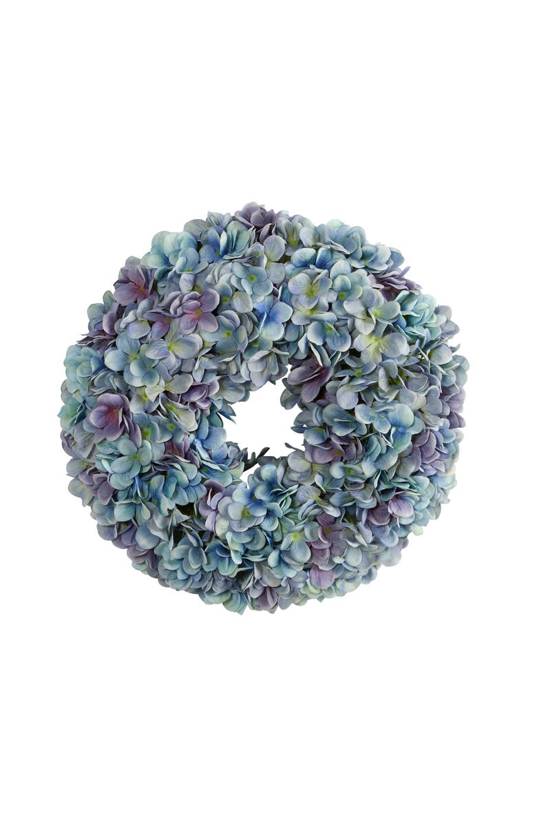 NEARLY NATURAL 16-in Hydrangea Artificial Wreath, Main, color, Blue