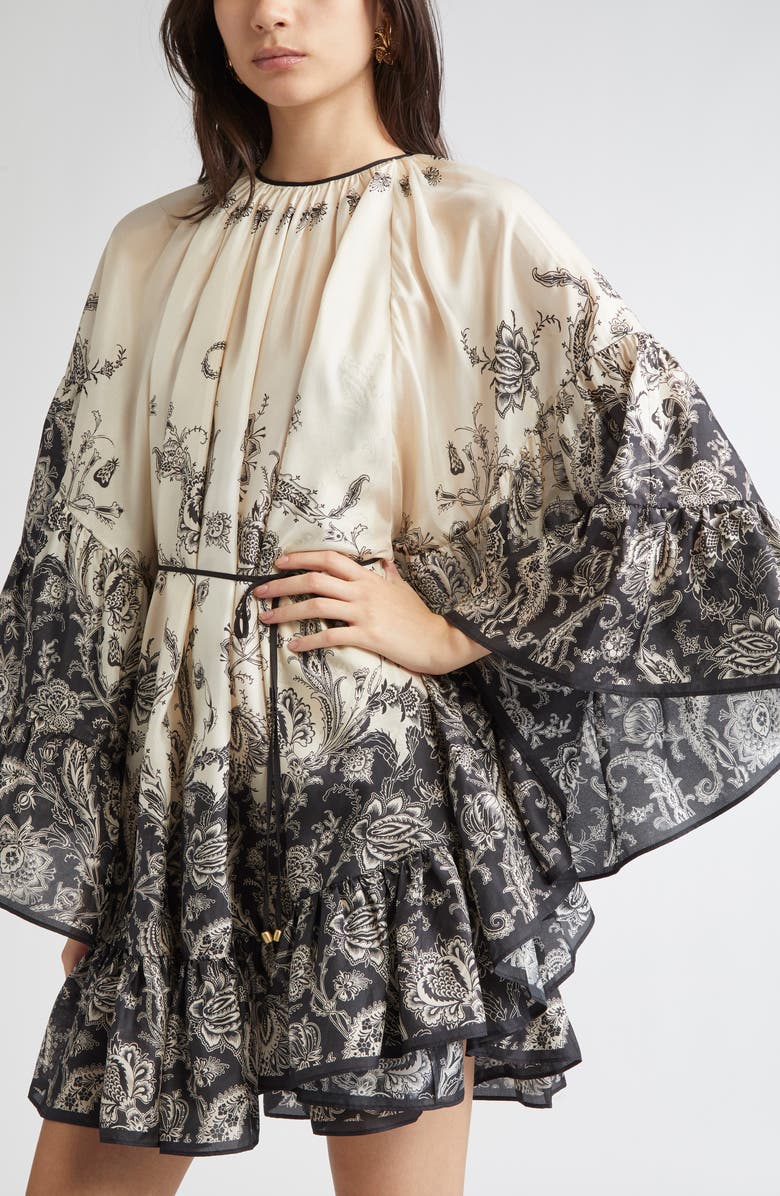 Zimmermann Rhiannon Long Sleeve Silk Habutai Lantern Minidress, Alternate, color, Cream/ Black Floral