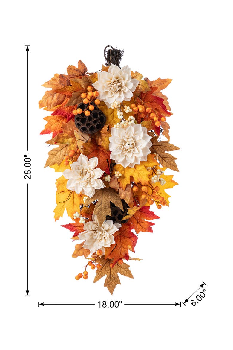 28"H Fall Dahlia Lotus Pod and Berry Teardrop, Alternate, color, Orange