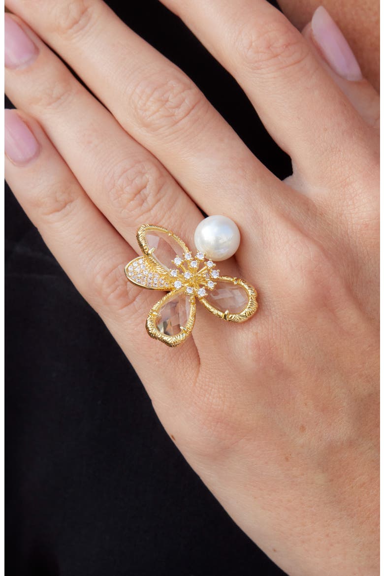 Crystal Flower & Imitation Pearl Ring, Alternate, color, YELLOW