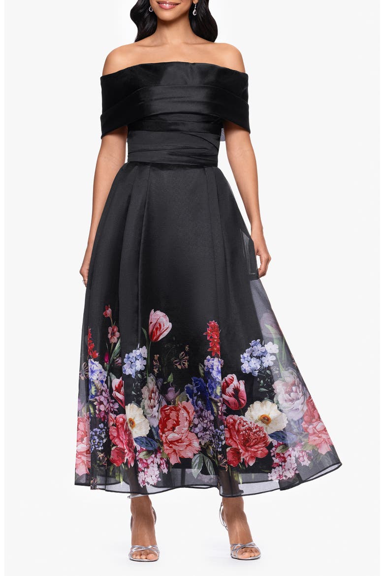 Placed Floral Off the Shoulder Gown, Main, color, BLACK/RED