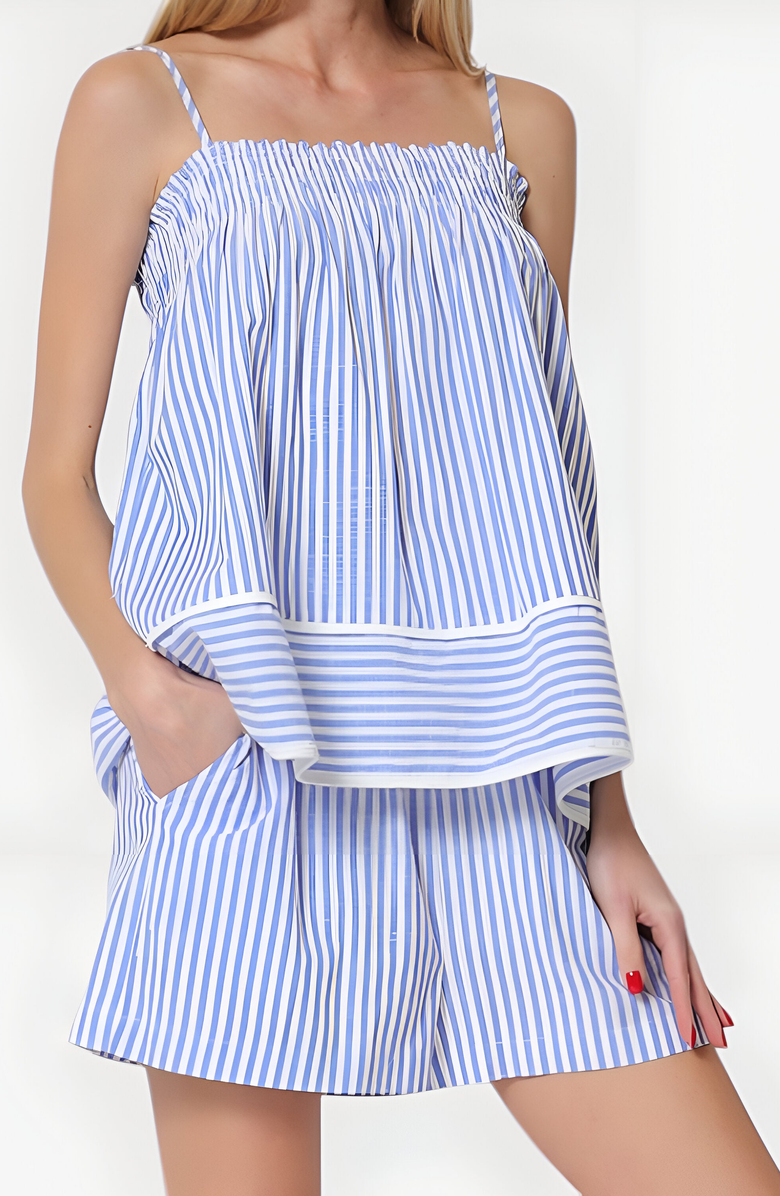 Modenaire Striped Spaghetti Strap Two-Piece Set with Flowy Top and Relaxed Shorts, Alternate, color, 