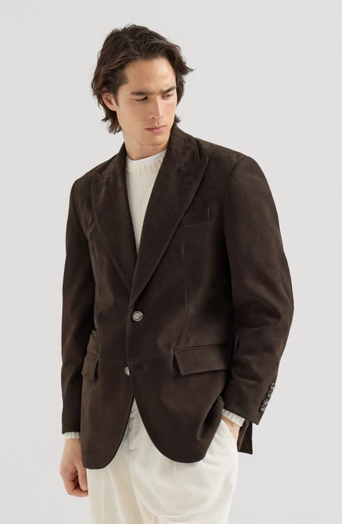 Nubuck Blazer With Peak Lapels And Metal Buttons