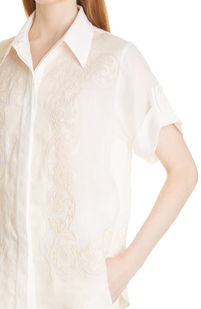 ALEMAIS Burning Love Linen Appliqué Ramie Short Sleeve Shirt, Alternate, color,