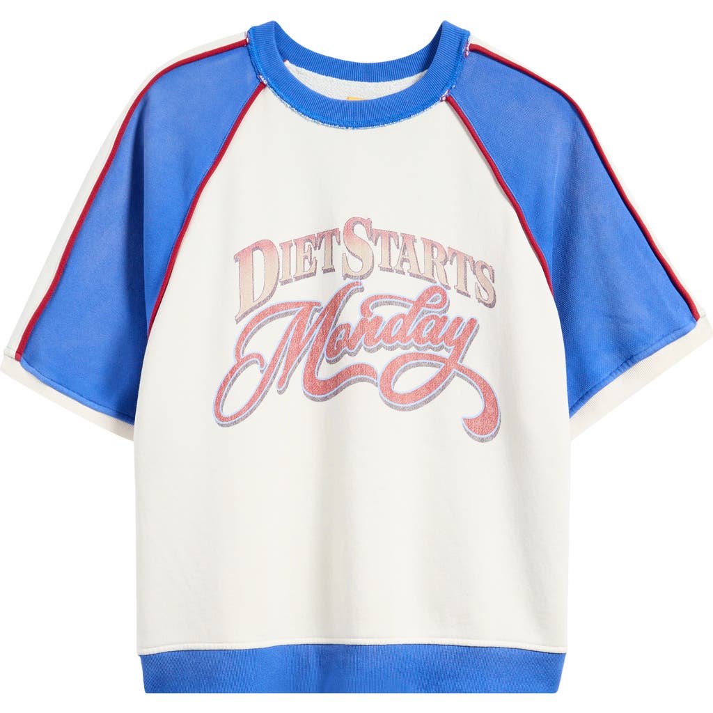 Diet Starts Monday Warm-up Colorblock Short Sleeve Cotton Graphic Sweatshirt In Blue/cream
