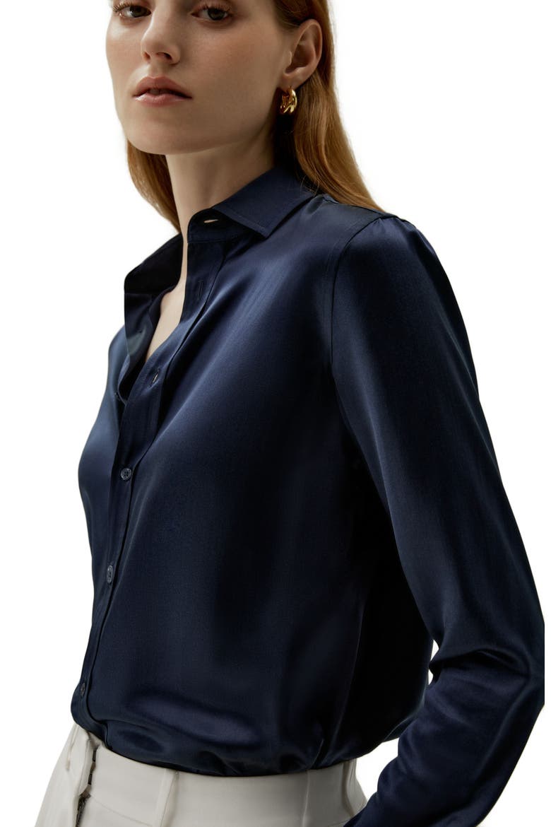 Women's Tailored Button Down Silk Shirt, Alternate, color, Navy Blue