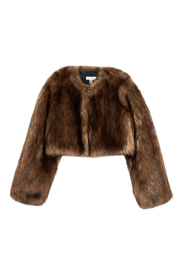 Chubby Faux Fur Crop Coat, Alternate, color, BROWN