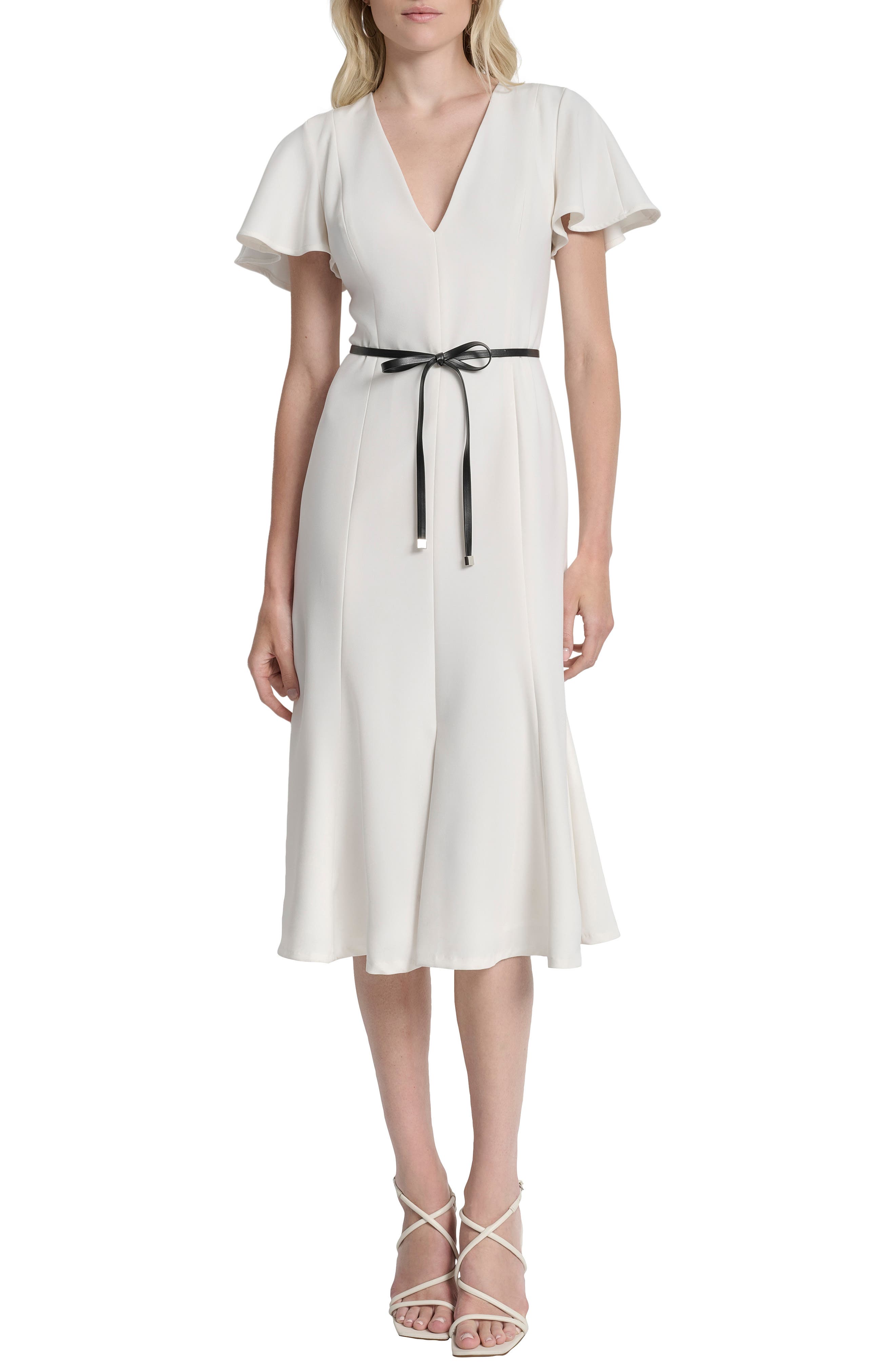 DKNY Flutter Sleeve Tie Belt Midi Dress