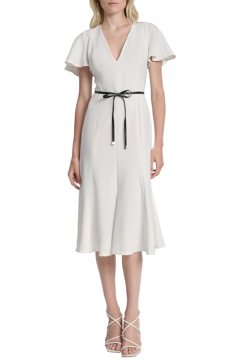 Flutter Sleeve Tie Belt Midi Dress, Main, color, IVORY