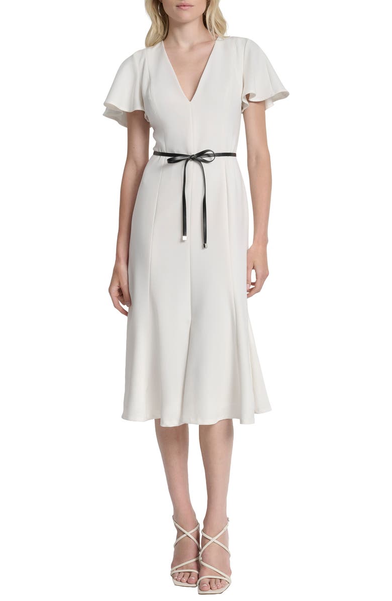 DKNY Flutter Sleeve Tie Belt Midi Dress, Main, color, Ivory