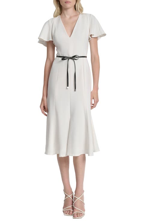 Flutter Sleeve Tie Belt Midi Dress