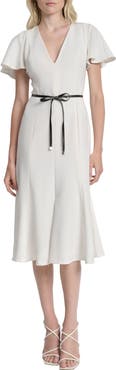 DKNY Flutter Sleeve Tie Belt Midi Dress