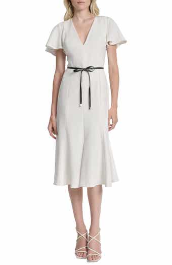 DKNY Flutter Sleeve Tie Belt Midi Dress