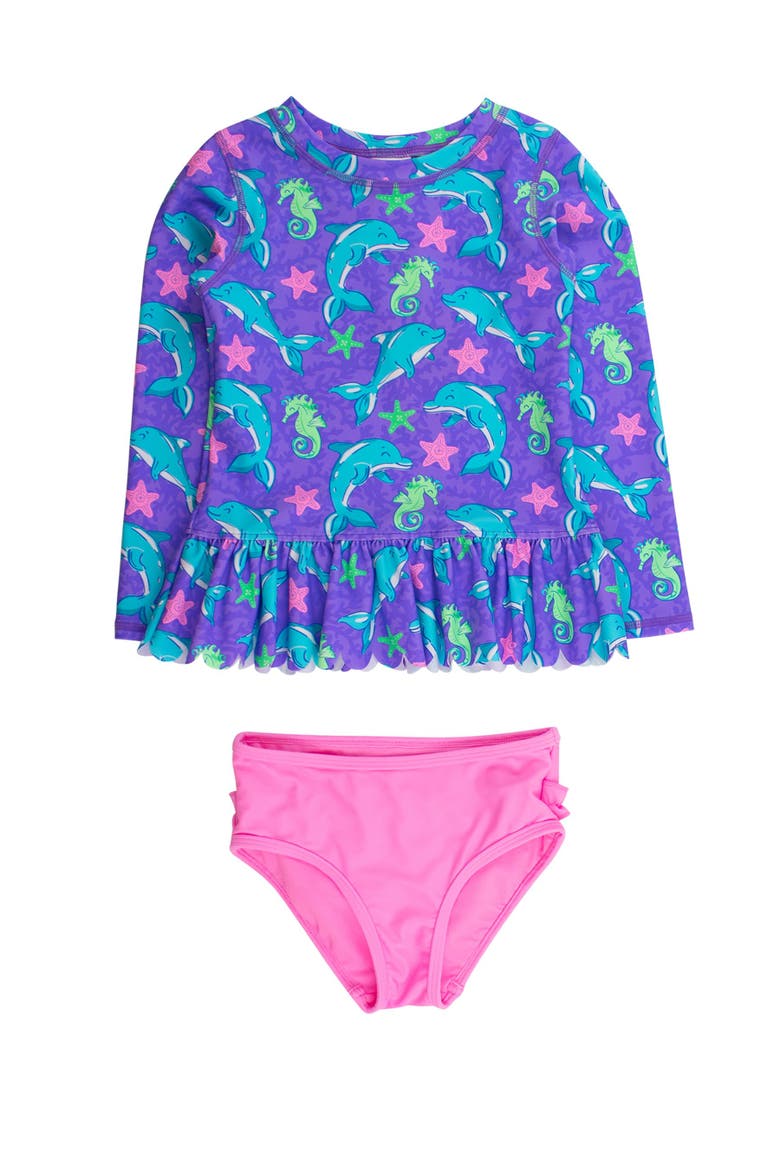 Girls UPF50+ Sun Protected Scallop Hem Long Sleeve Rash Guard Bikini, Main, color, Neon Fin Friends