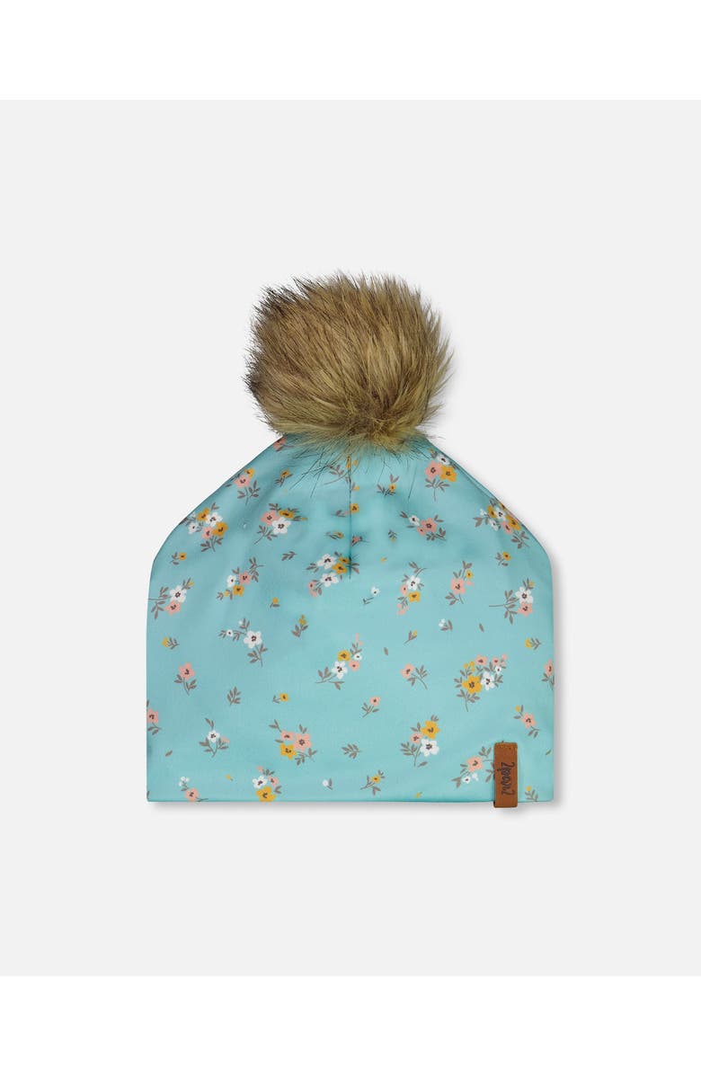 Deux par Deux Baby Girl's Detachable Pompom Hat Blue Little Flowers Print, Main, color, 