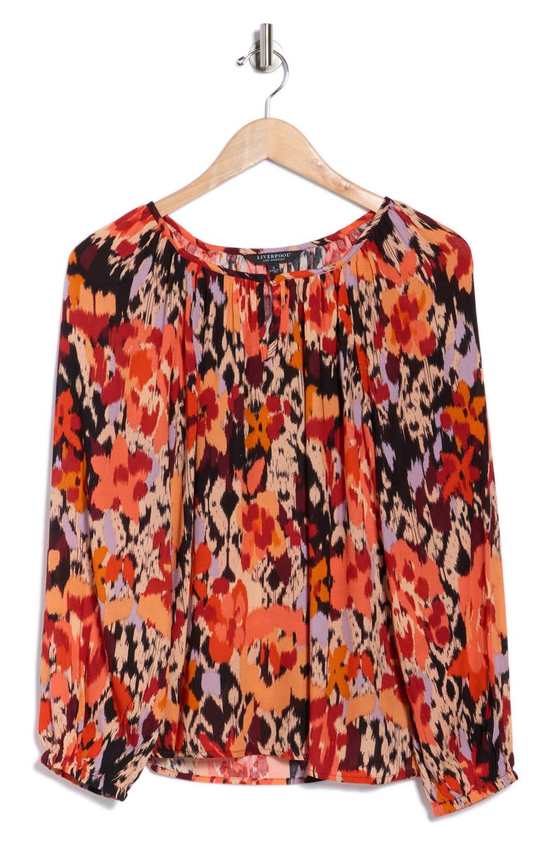 Liverpool Floral Long Sleeve Shirred Woven Top, Alternate, color, Burnt Orange Floral