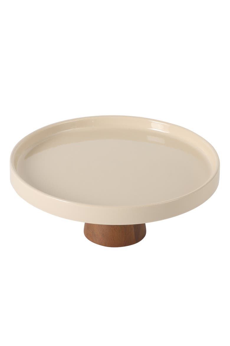 Gracious Dining Round Stoneware Cake Stand with Acacia Wood Base, Alternate, color, Taupe