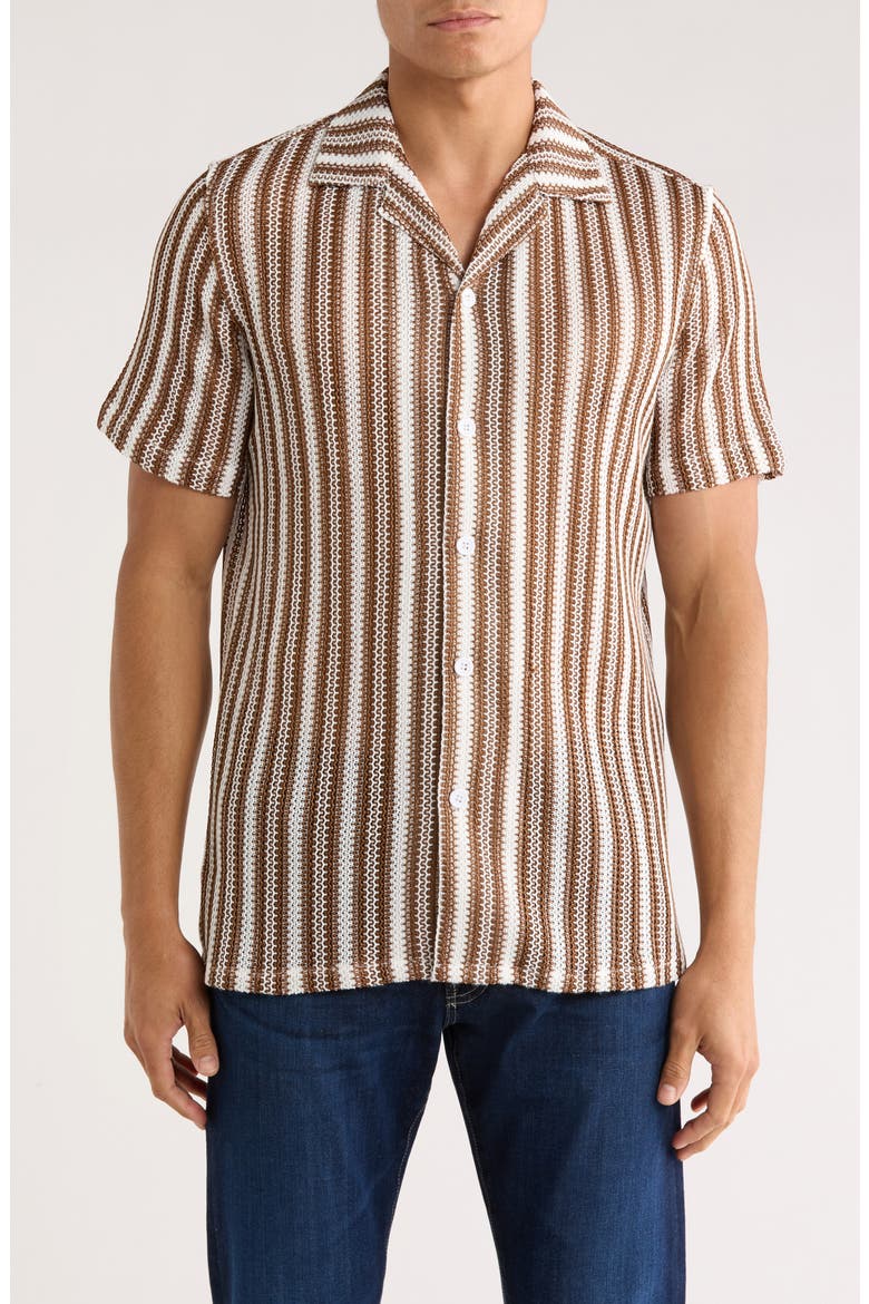 Textured Stripe Knit Short Sleeve Button-Up Shirt, Main, color, BROWN