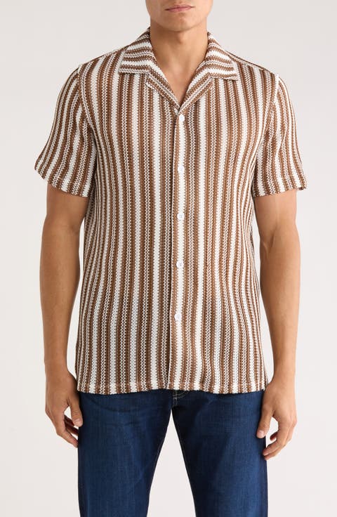 Textured Stripe Knit Short Sleeve Button-Up Shirt