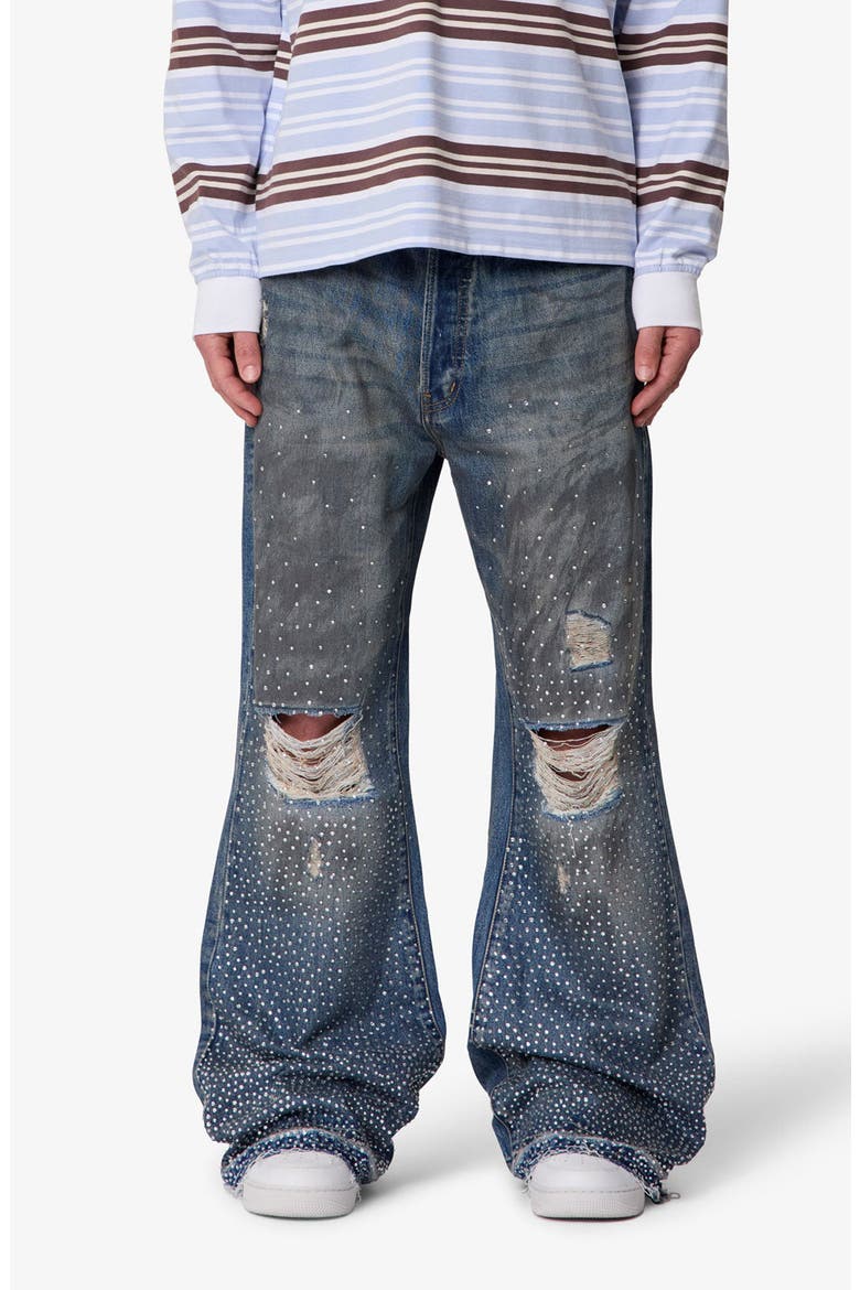 Rhinestone Ripped Kick Flare Jeans, Main, color, BLUE