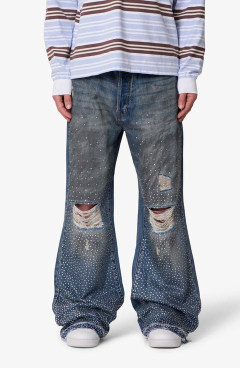 Rhinestone Ripped Kick Flare Jeans