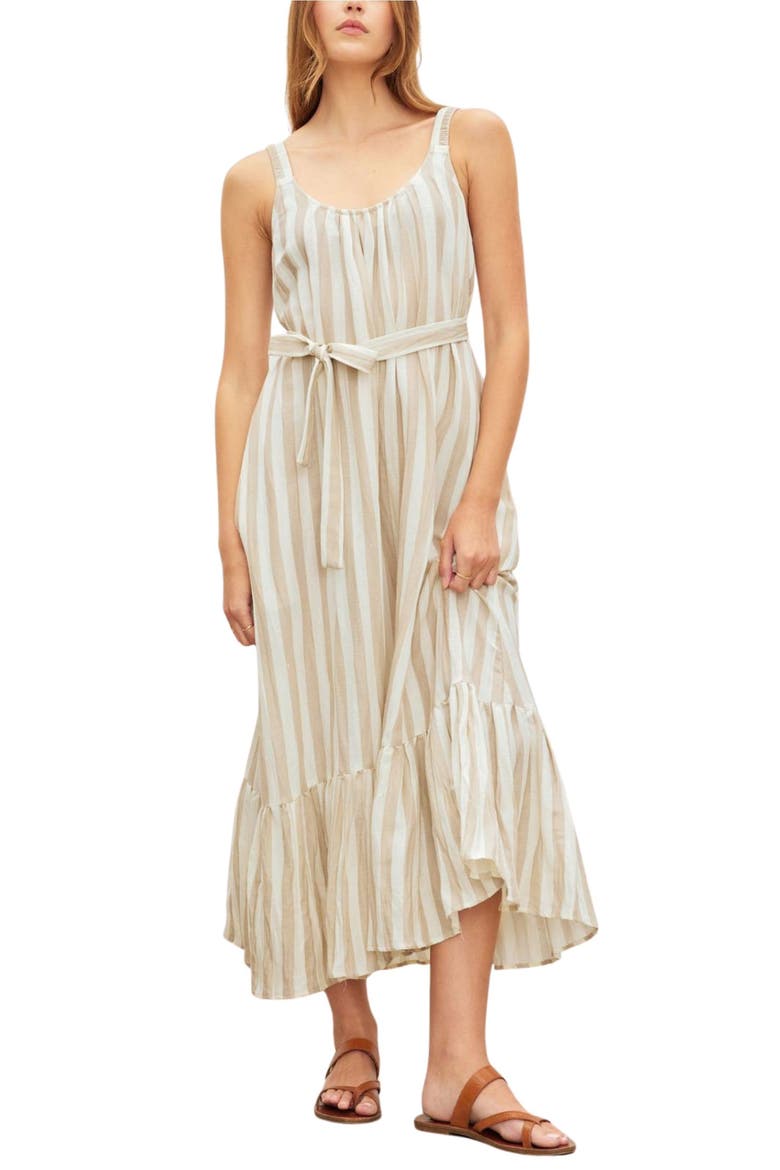Mera Ruffle Hem Striped Midi Dress, Alternate, color, KHAKI BGE