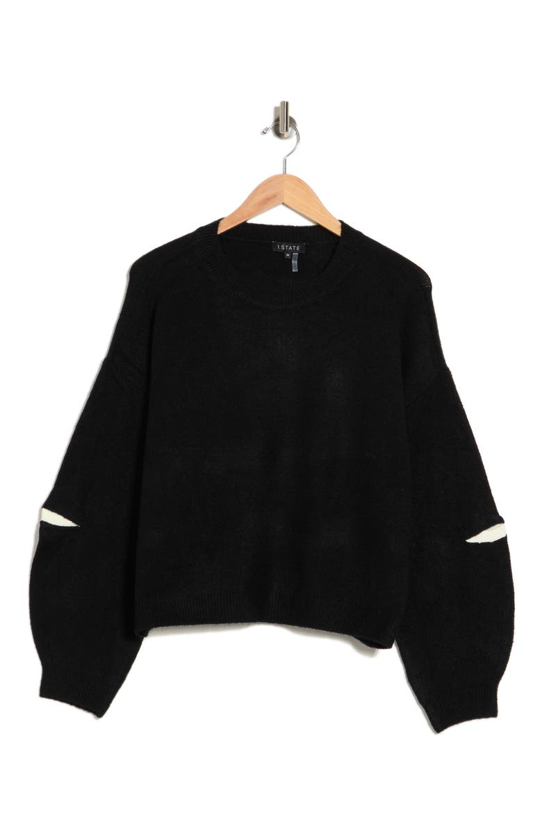 Elbow Cut-Out Puff Sleeve Sweater, Alternate, color, RICH BLACK/ WHITE