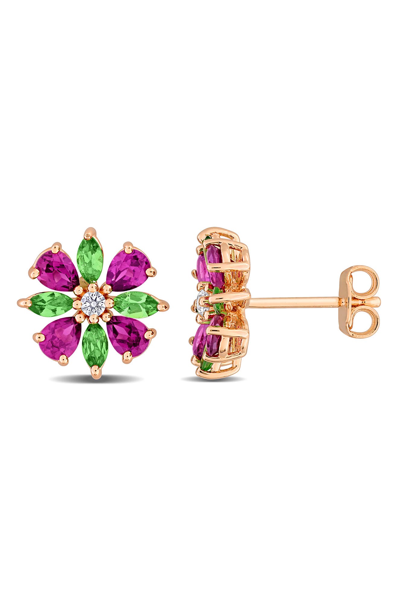 Rhodolite & Tsavorite Flower Stud Earrings