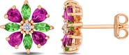 DELMAR Rhodolite & Tsavorite Flower Stud Earrings