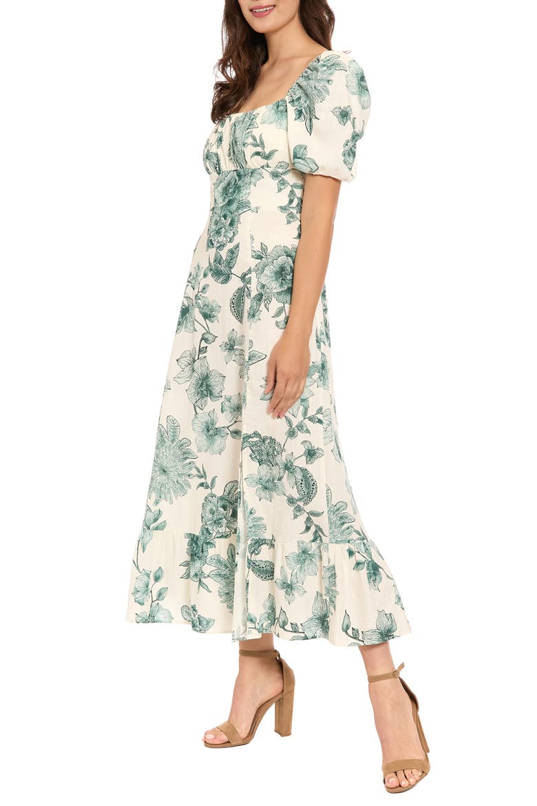 Puff Sleeve Empire Waist Midi Dress, Alternate, color, SOFT WHITE/ SLATE AQUA