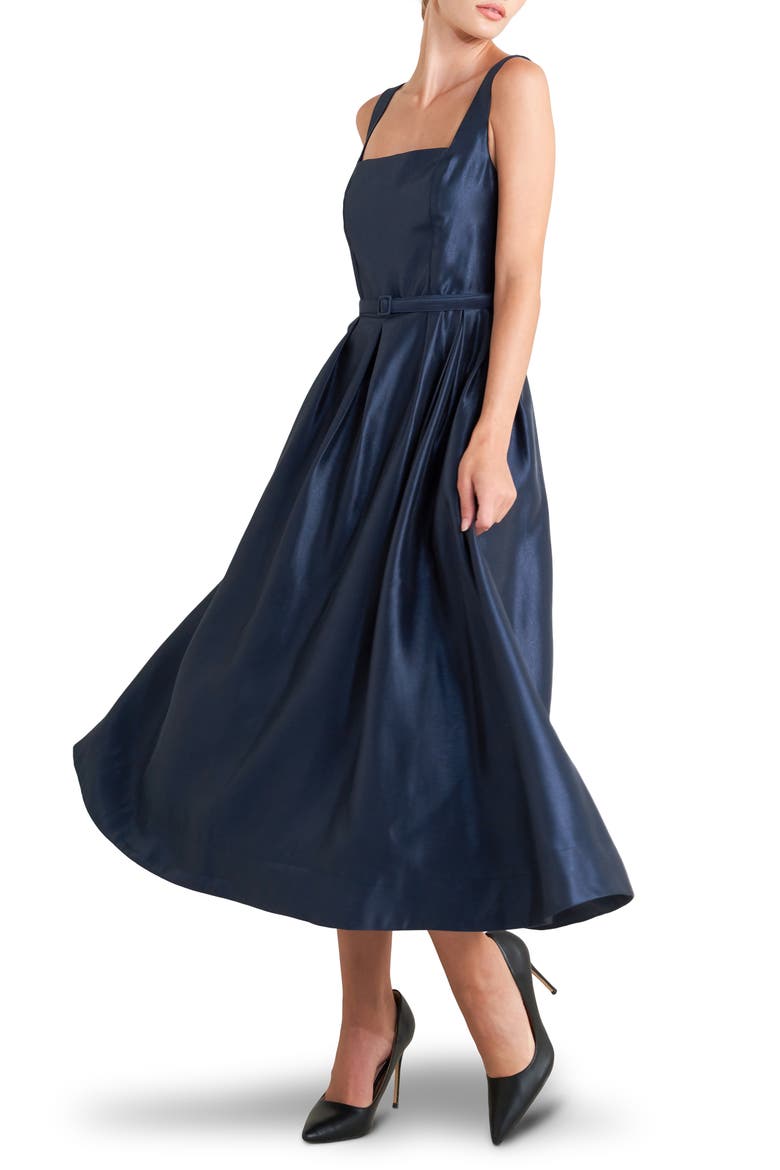 Sleeveless Fit & Flare Satin Maxi Dress, Main, color, NAVY