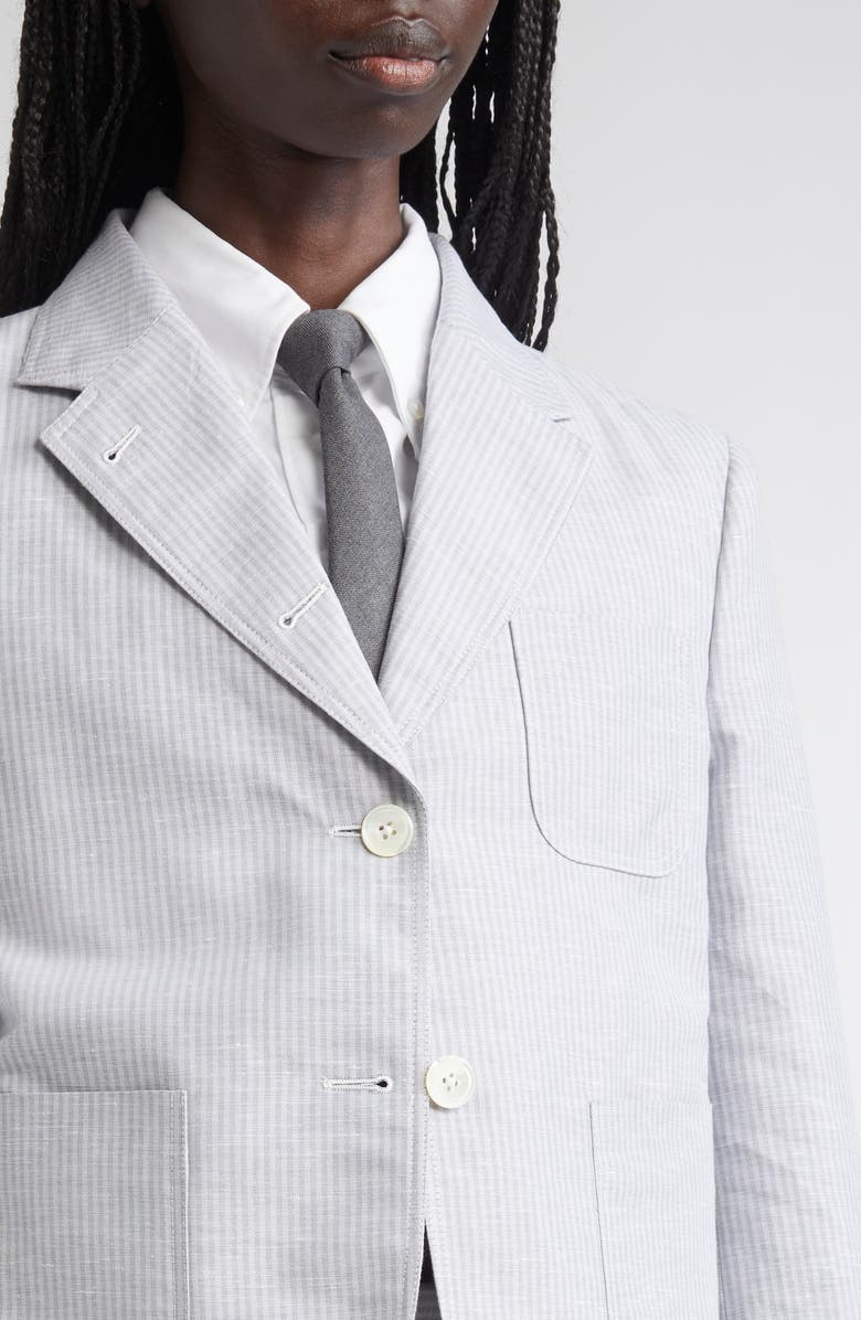 Thom Browne Stripe Linen & Cotton Sack Crop Blazer, Alternate, color, Light Grey