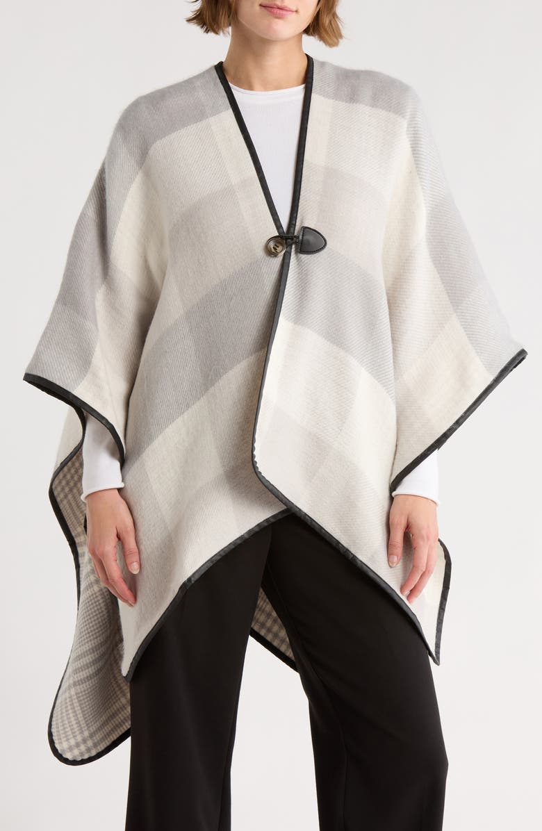 NORDSTROM RACK Faux Leather Trim Check Ruana, Main, color, Beige Plaid