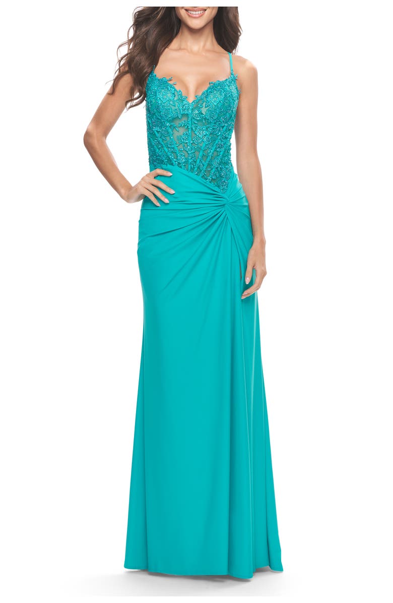 La Femme Lace Asymmetrical Gown with Jersey Skirt and Twist Knot Detail in Neon, Alternate, color, Aqua