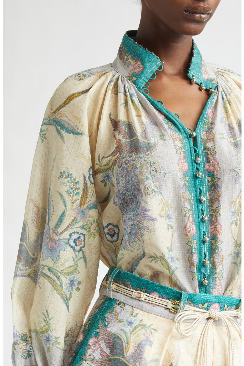 Indra Metallic Stripe Cotton & Silk Billow Top, Alternate, color, CREAM SCARF FLORAL