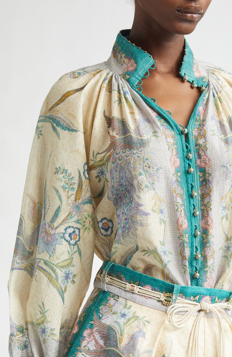 Zimmermann Indra Metallic Stripe Cotton & Silk Billow Top, Alternate, color, Cream Scarf Floral