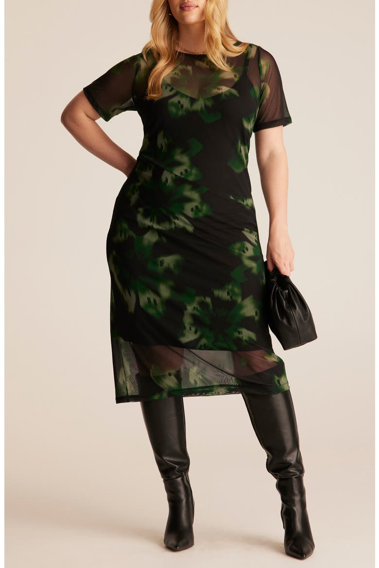 Bouquet Floral Mesh Overlay Dress, Main, color, BLACK/ GREEN