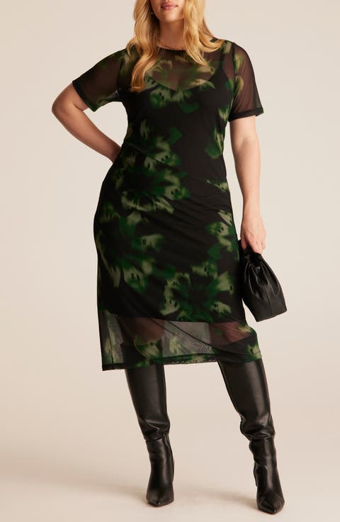 Bouquet Floral Mesh Overlay Dress (Plus)
