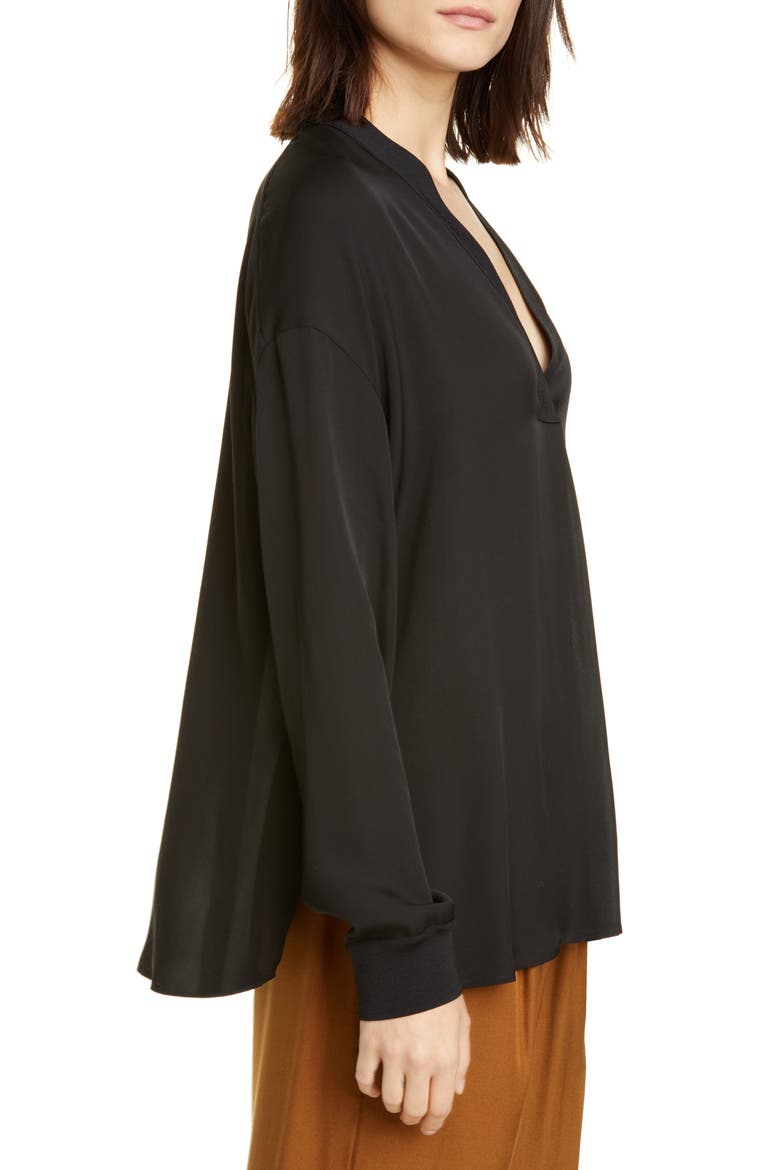 Rib Trim Silk Blouse, Alternate, color, BLACK