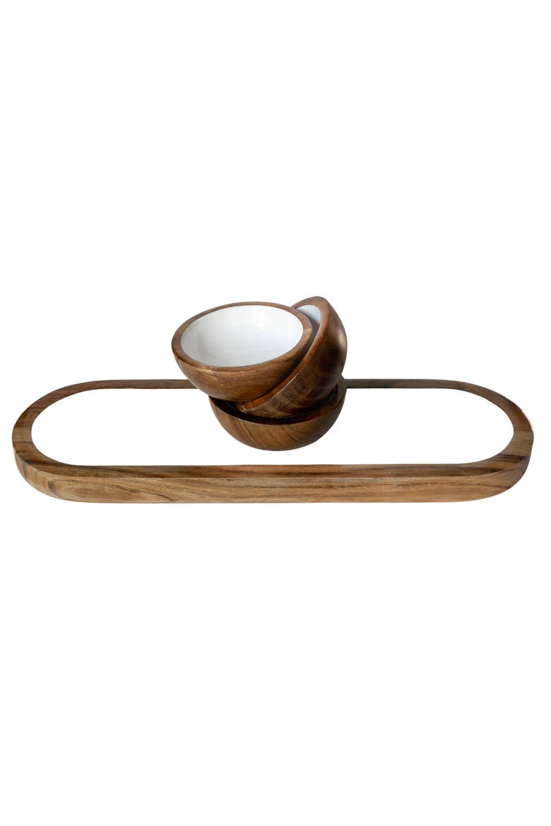 Wood + White Collection Acacia Wood 3 Dipping Bowls and Tray, Alternate, color, White, Brown