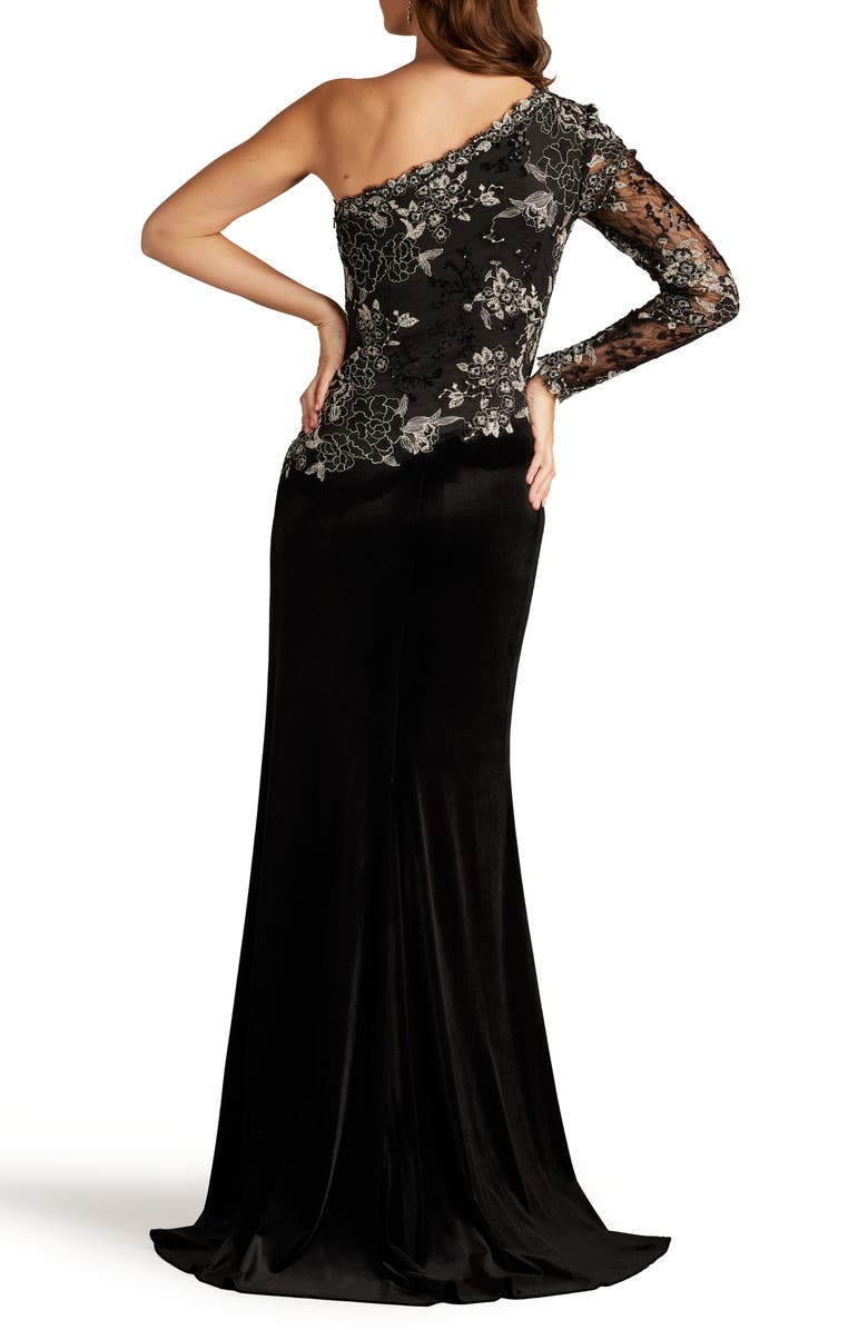 Tadashi Shoji One-Shoulder Sequin Lace & Velvet Gown, Alternate, color,