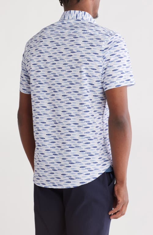 Construct Fish Print Short Sleeve Stretch Button-down Shirt In White/blue
