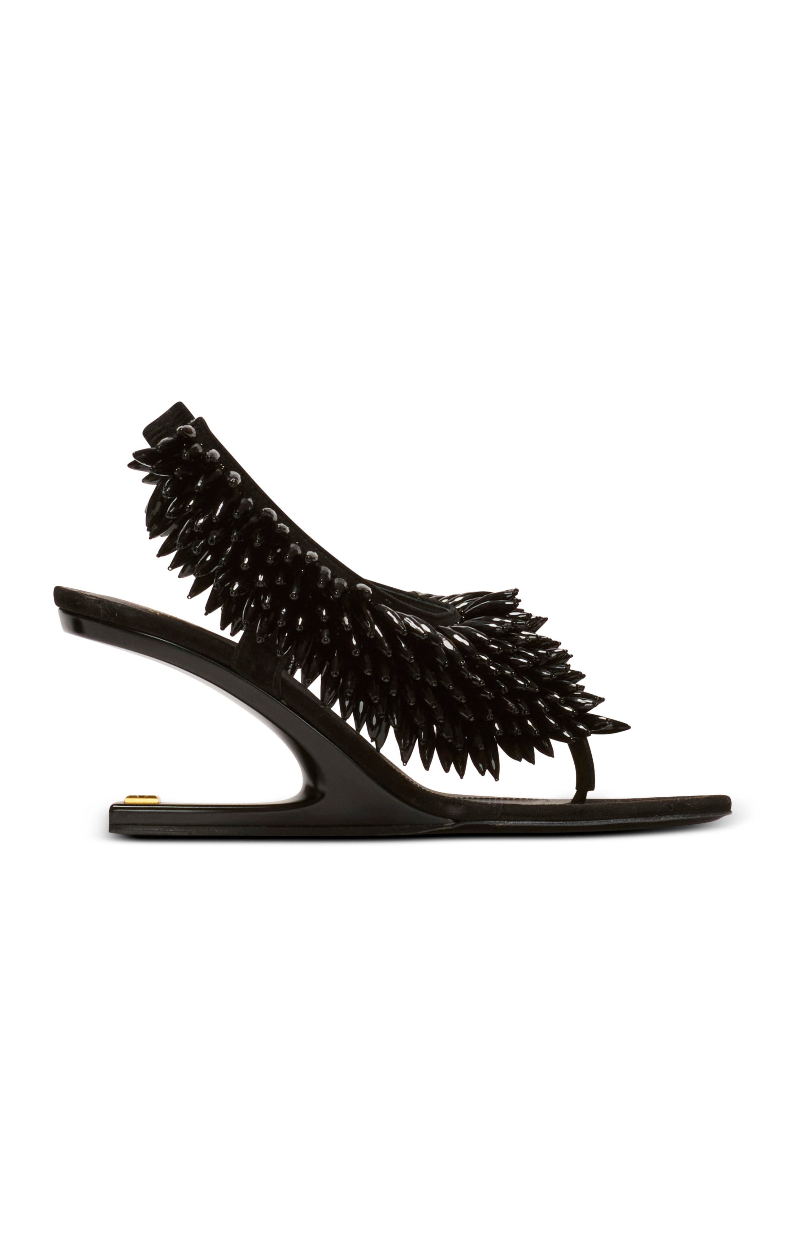 Balmain "No Wedge" beaded suede sandals, Alternate, color, Black