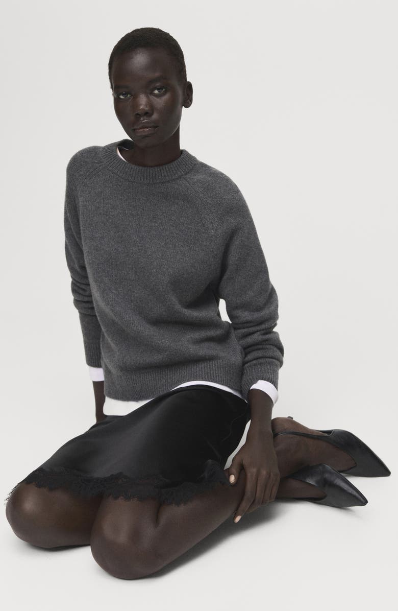 MANGO Lace Trim Satin Midi Skirt, Alternate, color, 