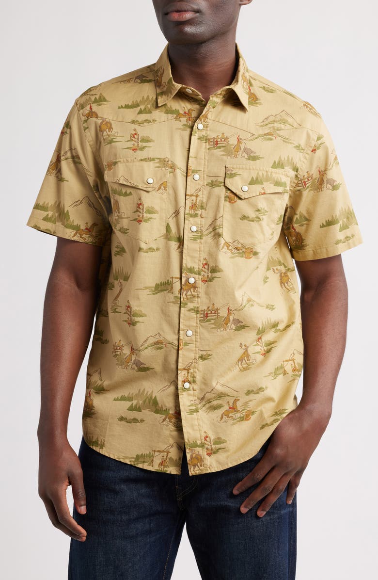 Pendleton Laramie Cowboy Print Short Sleeve Snap-Up Western Shirt, Main, color, Ranch Rodeo Tan