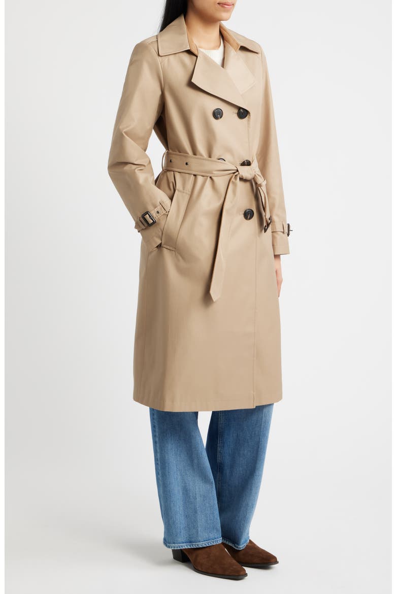 Double Breasted Trench Coat with Faux Suede Detail, Alternate, color, SAND